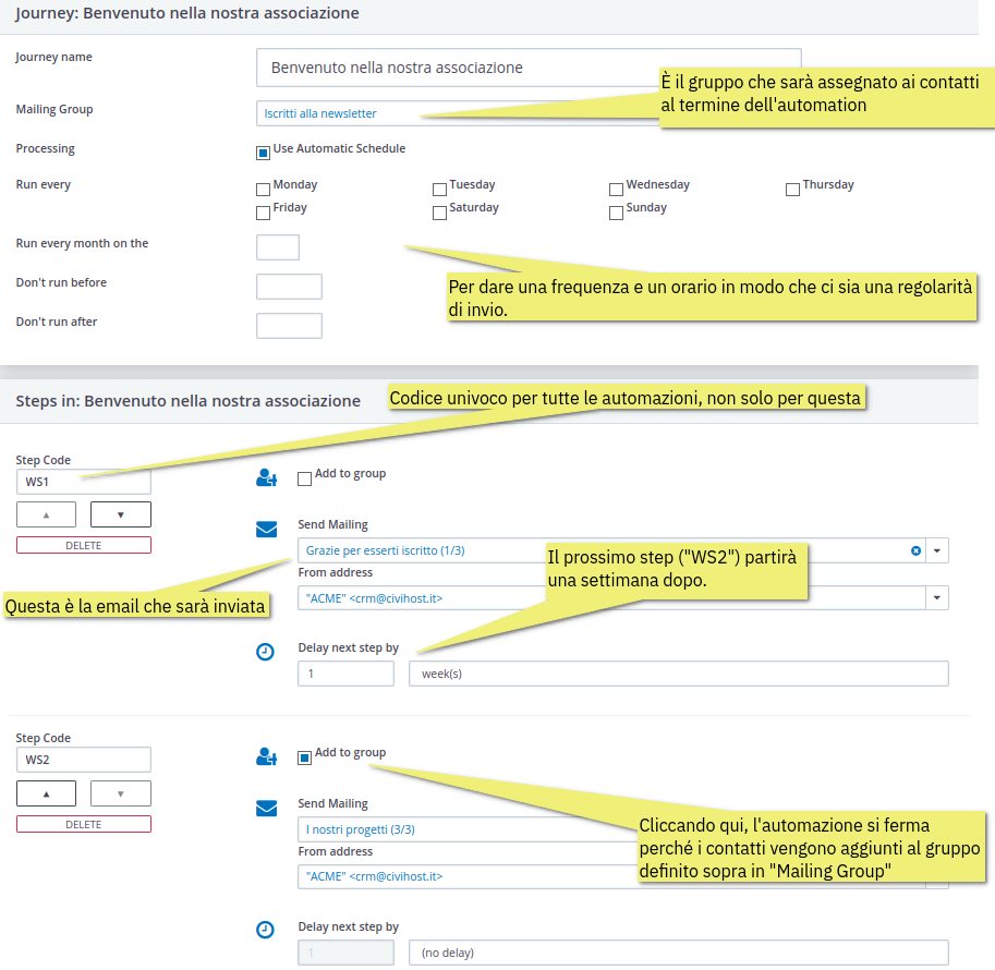 Configurazione degli automatismi